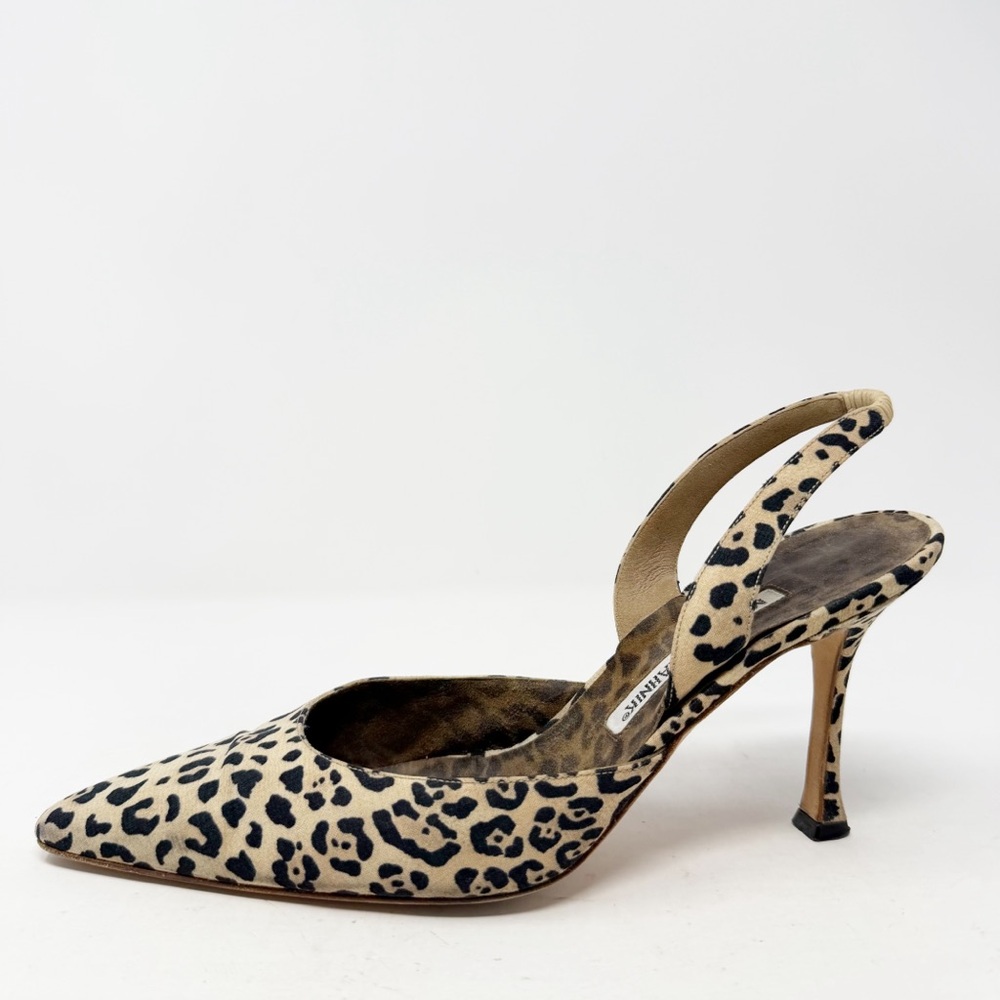 Manolo Blahnik Carolyne Leopard Print Canvas Slingback Heels Womens Size EU 38.5 - Picture 7 of 9